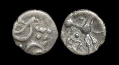 Celtic Iron Age Coins - Iceni - Ecen - Mini Ece Silver Half Unit 10-43 AD. Obv: double crescents with two pellets between and over lozenge. Rev: horse right with symbols above and pellet and ECE below