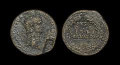 Ancient Roman Imperial Coins - Claudius - 'PROB' Countermarked - Wreath Sestertius 41-50 AD. Rome mint. Obv: TI CLAVDIVS CAESAR AVG P M TR P IMP legend with laureate head right, counterstamped PROB (t