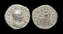 Ancient Roman Imperial Coins - Julia Soaemias - Venus Denarius 220 AD. Rome mint. Obv: IVLIA SOAEMIAS AVG legend with draped bust right. Rev: VENVS CAELESTIS legend with Venus seated right holding app