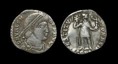 Ancient Roman Imperial Coins - Valens - Emperor Siliqua 364-367 AD. Arles mint. Obv: DN VALEN-S PF AVG legend with pearl-diademed, draped, cuirassed bust right. Rev: RESTITV-TOR REIP legend with emper
