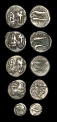 Ancient Greek Coins - Thrace - Istros - Eagle and Dolphin Drachm & Obol Group [5] 400-350 BC. Group comprising: drachms (4), including AMNG 418 (I under eagle's wing and AG beneath dolphin); Canarache