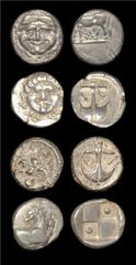 Ancient Greek Coins - Mysia and Thrace - Drachm and Hemidrachm Group [4] 500-400 BC. Group comprising: Hemidrachm of Parium, Mysia: Obv: gorgoneion facing. Rev: PARI legend above bull standing left, h