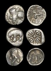 Ancient Greek Coins - Persis and Greek - Mixed Obols and Hemidrachm Group [3] 4th-1st century BC. Group comprising: obol of the Persian king Pakur, son of Oxathres, with triskeles on reverse; an obol 