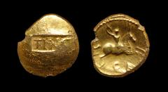 Celtic Iron Age Coins - Atrebates and Regni - Tincomarus - Classical Warrior Gold Stater 1st century BC. Obv: TINC in rectangular incuse tablet. Rev: warrior on rearing horse right, holding spear, wit