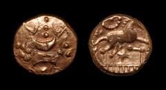 Celtic Iron Age Coins - Iceni - Freckenham - Ring-and-Star Gold Stater 1st century BC. Obv: opposed crescents with pellet trefoil above and below, line of three pellets with Vs at sides. Rev: horse ri