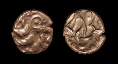 Celtic Iron Age Coins - Corieltauvi - Sunflower Variant Gold Stater 1st century BC. Obv: wreath, cloak and crescents with pellet-in-annulet right. Rev: horse left with anchor and large pellet, sun/sta