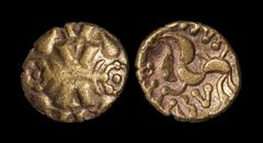 Celtic Iron Age Coins - Corieltauvi - Esuprasu - Gold Stater 40-47 AD. Obv: wreath with crescent-ended bar with pellet in ring-of-pellets. Rev: lunate horse left with IISVP above, R before and ASV bel