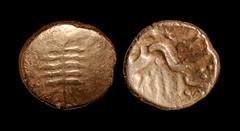 Celtic Iron Age Coins - Dobunni - EISV - Triple-Tailed Horse Gold Stater 20-50 AD. Obv: tree symbol with pellet at base. Rev: triple-tailed horse right with EISV and hidden face above, pellet below ta