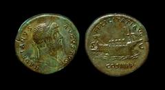 Ancient Roman Imperial Coins - Hadrian - Galley Sestertius 132-134 AD. Rome mint. Obv: HADRIANVS AVGVSTVS legend with laureate head right, slight drapery on left shoulder. Rev: FELICITATI AVG legend a