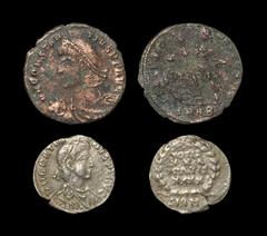 Ancient Roman Imperial Coins - Gratian and Constantine I - Siliqua and Follis Group [2] 4th century AD. Group comprising: Gratian, siliqua (wreath, Votis XXX, Multis XXXX, Sirmium); Constantine I, fol