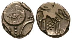 Celtic Iron Age Coins - Iceni - Freckenham Flower Big Wheel Gold Stater 50-5 BC. Obv: three-petal flower in circle with pellet spokes radiating and four arcs enclosing. Rev: horse right with six-spoke