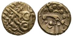 Celtic Iron Age Coins - Iceni - Norfolk Wolf Right Gold Stater 70-20 BC. Obv: wreath, cloak and crescents. Rev: wolf right with 'bird' on back, arc of pellets above and pellet-over-crescent below. 6.0