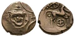 Celtic Iron Age Coins - Iceni - Freckenham Flower Two Wheels Gold Stater 50-10 BC. Obv: three-petal flower in circle with pellet spokes radiating and four arcs enclosing. Rev: horse right with six-spo