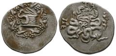 Ancient Greek Coins - Pergamum - Cistophoric Tetradrachm 76-67 BC. Obv: cista mystica, half-opened with a serpent emerging from it, surrounded by a wreath of ivy and vine leaves. Rev: two serpents ent