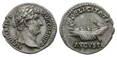 Ancient Roman Imperial Coins - Hadrian - Galley Denarius 134-138 AD. Rome mint. Obv: HADRIANVS AVG COS III P P legend with laureate head right. Rev: FELICITATI AVGVSTI legend above and beneath galley 