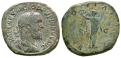 Ancient Roman Imperial Coins - Pupienus - Victory Sestertius 238 AD. Rome mint. Obv: IMP CAES M CLOD PVPIENVS AVG legend with laureate bust right. Rev: VICTORIA AVGG legend with Victory standing, hold