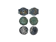 Celtic Iron Age Coins - Silver Unit, Bronze and Potin Group [3] 100 BC-25 AD. Group comprising: Iceni silver unit (ANTED or ECEN type); a Cunobelin bronze (portrait/warrior horseman right) and a Canti