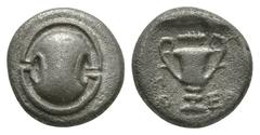 Ancient Greek Coins - Thebes - Shield Hemidrachm 425-375 BC. Obv: Boeotian shield. Rev: Kantharos with city name, theta-EB across fields, club above with handle left; traces of axe at centre left; all