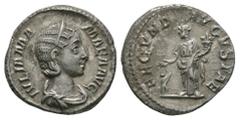 Ancient Roman Imperial Coins - Julia Mamaea - Fecunditas Denarius 232 AD. Rome mint. Obv: IVLIA MAMAEA AVG legend with diademed and draped bust right. Rev: FECVND AVGVSTAE legend with Julia Mamaea as 