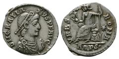 Ancient Roman Imperial Coins - Gratian - Roma Siliqua 375-378 AD. Aquileia mint. Obv: DN GRATIANVS P F AVG legend with diademed, draped and cuirassed bust right. Rev: VRBS ROMA legend with Roma seated
