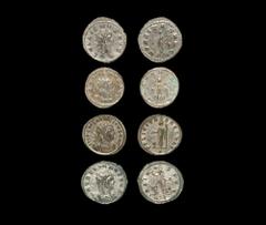 Ancient Roman Imperial Coins - Gallienus, Aurelian and Tacitus - Antoninianii Group [4] 253-276 AD. Gallienus, Rome mint with Uberitas reverse; Antioch mint with Victory reverse and star in left field