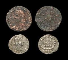 LOT WITHDRAWN - Ancient Roman Imperial Coins - Gratian and Constantine I - Siliqua and Follis Group [2] 4th century AD. Group comprising: Gratian, siliqua (wreath, Votis XXX, Multis XXXX, Sirmium); Co