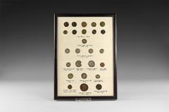 English Medieval Coins - Framed Group of Hammered, Roman and Milled Coins [25] 3rd-19th century AD. Group comprising: Roman antoninianii (2), late bronzes (7); English, John, short cross penny; long c
