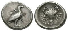 Ancient Greek Coins - Akragas - Crab Didrachm 480-450 BC. Obv: AK-RA above and beneath sea-eagle standing right. Rev: crab with CA-S to left and right of youthful, archaic male head right below. BMC 3