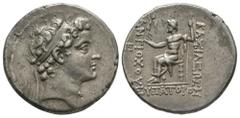 Ancient Greek Coins - Seleucid - Antiochos V Eupator - Zeus Tetradrachm 164-162 BC. Ake-Ptolemais mint. Obv: diademed head of Antiochos right. Rev: BASILEWS ANTIOXOY legend to right and left, EYPATORO