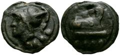 Ancient Roman Republican Coins - Aes Grave - Rome - Galley Triens 225-217 BC. Rome mint. Obv: helmetted head of Minerva or Mars left, four dots below. Rev: prow right, four dots below. Vecchi 78; HN I