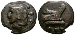 Ancient Roman Republican Coins - Aes Grave - Rome - Galley Quadrans 225-217 BC. Rome mint. Obv: head of Hercules left, wearing lionskin headdress, three dots behind head. Rev: prow right, three dots b