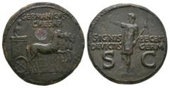 Ancient Roman Imperial Coins - Germanicus (under Caligula) - Quadriga Dupondius 37-41 AD. Rome mint. Obv: GERMANICVS CAESAR legend with Germanicus in quadriga right. Rev: SIGNIS RECEP DEVICTIS GERM le