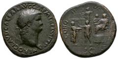 Ancient Roman Imperial Coins - Nero - Emperor on Platform Sestertius 63 AD. Rome mint. Obv: NERO CLAVD CAESAR AVG GER PM TR P IMP PP legend with laureate head right, aegis on shoulder. Rev: CONG II DA