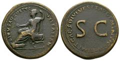 Ancient Roman Imperial Coins - Titus (honouring Vespasian) - Vespasian Seated Sestertius 80-81 AD. Rome mint. Obv: DIVVS AVGVSTVS VESPASIAN legend with Vespasian seated left, holding branch and sceptr