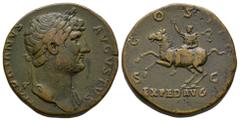 Ancient Roman Imperial Coins - Hadrian - Emperor Riding Sestertius 126 AD. Rome mint. Obv: HADRIANVS AVGVSTVS legend with laureate head right with slight drapery on left shoulder. Rev: COS III legend 