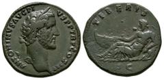 Ancient Roman Imperial Coins - Antoninus Pius - Tiberis Sestertius 140 AD. Rome mint. Obv: ANTONINVS AVG PIVS P P TR P COS III legend with laureate head right. Rev: TIBERIS legend with the Tiber, crow