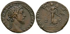Ancient Roman Imperial Coins - Commodus - Victory Sestertius 183 AD. Rome mint. Obv: M COMMODVS ANTONINVS AVG legend with laureate head right. Rev: TR P VIII (IMP V) COS IIII PP legend with Victory wa