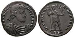 Ancient Roman Imperial Coins - Jovian - Emperor Standing Follis 363-364 AD. Thessalonica mint. Obv: DN IOVIANVS PF PP AVG legend with laurel and rosette-diademed, draped and cuirassed bust right. Rev: