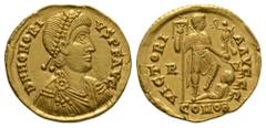 Ancient Roman Imperial Coins - Honorius - Emperor Standing Gold Solidus 402-403 AD. Ravenna mint. Obv: DN HONORIVS PF AVG legend with diademed, draped and cuirassed bust right. Rev: VICTORIA AVGGG leg
