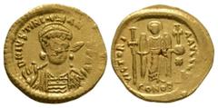 Ancient Byzantine Coins - Justinian - Gold Angel Solidus 527-538 AD. Constantinople mint. Obv: D N IVSTINI-ANVS P P AVG legend with helmeted and cuirassed bust facing three-quarters to right, holding 