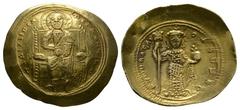 Ancient Byzantine Coins - Constantine X - Portrait Gold Histamenon 1059-1067 AD. Constantinople mint. Obv: IhS XIS REX REGNANTINM legend with Christ seated facing on throne with upright arms, holding 