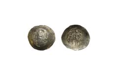 Ancient Byzantine Coins - Isaac II - Electrum Aspron Trachy 1185-1195 AD. Constantinople mint. Obv: MP-QV abbreviated legend to left and right of Mary, nimbate, seated front, holding before her the ni