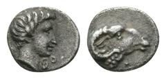 Ancient Greek Coins - Audymon or Abdemon - King of Cyprus - Hemiobol 410 BC. Salamis mint. Obv: ram's head right. Rev: youthful male head right, Cypriot letters beneath chin. BMC Cyprus 43. See Wildwi