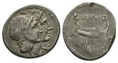 Ancient Roman Republican Coins - Mn. Fonteius - Galley Denarius 108-107 BC. Rome mint. Obv: jugate heads of the Dioscuri right, star above their heads, star at lower right. Rev: MN FONTEI legend, part