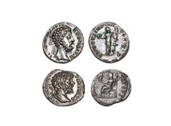 Ancient Roman Imperial Coins - Marcus Aurelius and Septimius Severus - Denarii Group [2] 176-177 AD and 198-200 AD. Marcus Aurelius. Rome mint. Reverse of TR POT XXXI IMP VIII COS III PP with Fides st