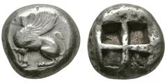 Ancient Greek Coins- Abdera - Autonomous Didrachm 540-535 BC. Obv: griffin seated left on groundline, curved wing, right foreleg raised (?) with no legend. Rev: quadripartite incuse square with no leg