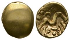 Celtic Coins-Ambiani Gold 'SS' Variant Stater Circa 50 BC. Obv: plain. Rev: disjointed horse right with crescent, pellet, reversed 'S' symbols below; pellet-in-annulet behind and with crescents and pe