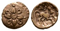 Celtic Coins-Addedomaros-Gold 1/4 Stater 50-5 BC. Obv: flower of four leaves and teardrops around pellet-in-annulet. Rev: horse right with horse muzzle above, annulet below tail and pellet-in-annulet 