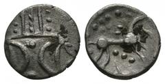 Celtic Coins - Iceni - Silver Ecen Symbol Unit 10-43 AD. Obv: double crescent on vertical wreath. Rev: horse right with S below head, pellet below tail, pelleted sun above and three pellets with trico