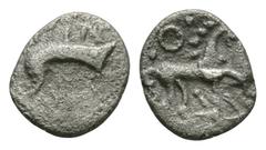 Celtic Coins - Iceni - 'Stickman Boar' Half Unit 80-50 BC. Obv: boar right, spear before. Rev: horse right annulet and pellets above, 'stickman' figure below. S. 437; BMC 3517-3520; ABC 1624. 0.28 gra